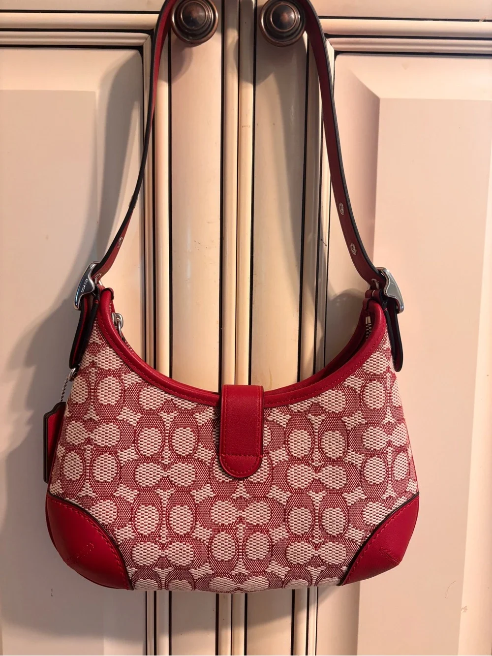 Coach Red and Cream Signature Canvas Shoulder Bag